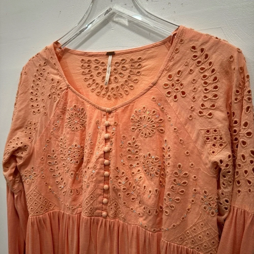 Free People Sea Of Love Top Eyelet Embroidered Fell Sleeve High Low Medium
